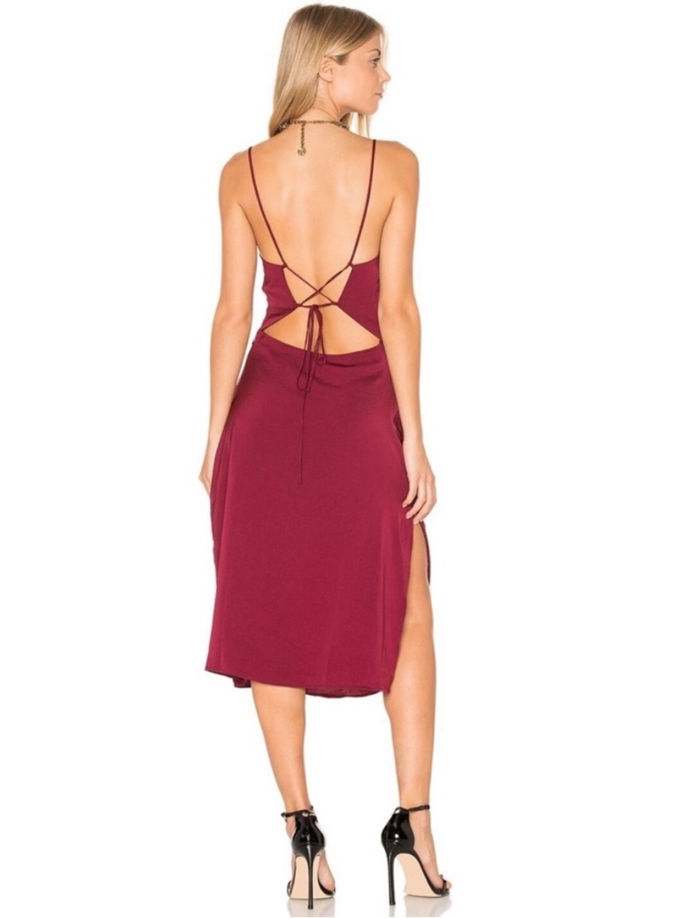 Capulet Satin Nico Open Tie Back Strappy Midi Dress in Burgundy Wine